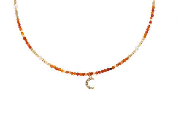 COLLANA CORTA ACCIAIO AGATA E PERLA CON LUNA PENDENTE STRASS